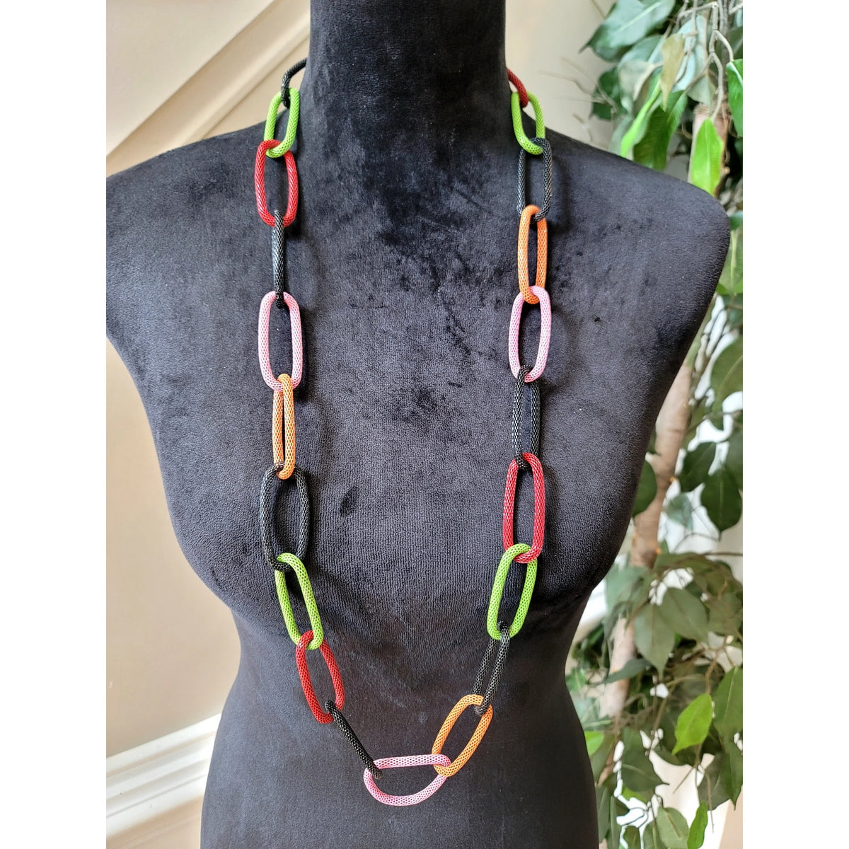 Colorful Fabric Wrapped Oval Link Long Necklace Lightweight Boho Statement