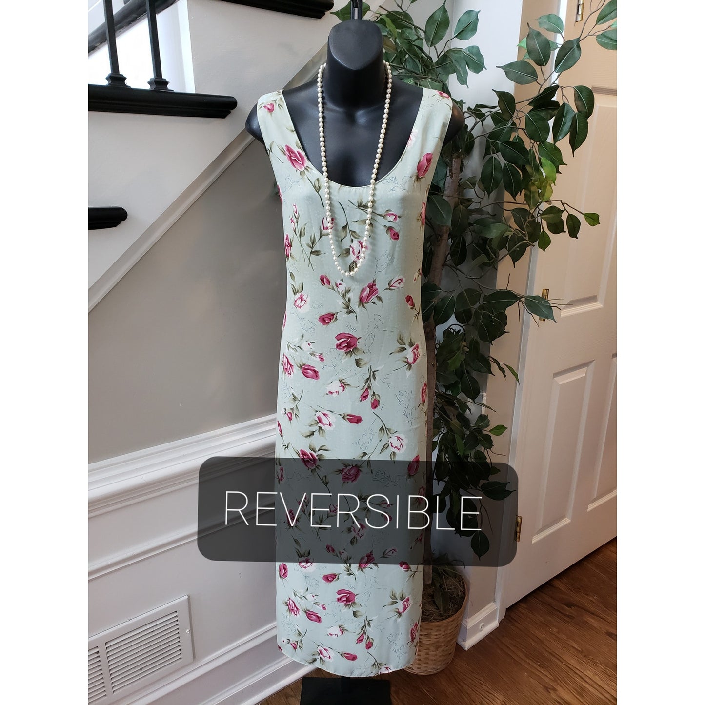 Studio C Long Maxi Dress Women's L Blue & Beige Reversible Scoop Neck Sleeveless