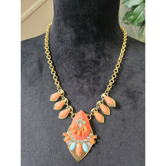 Coral Orange Turquoise Gold Tone Boho Geometric Pendant Bib Necklace