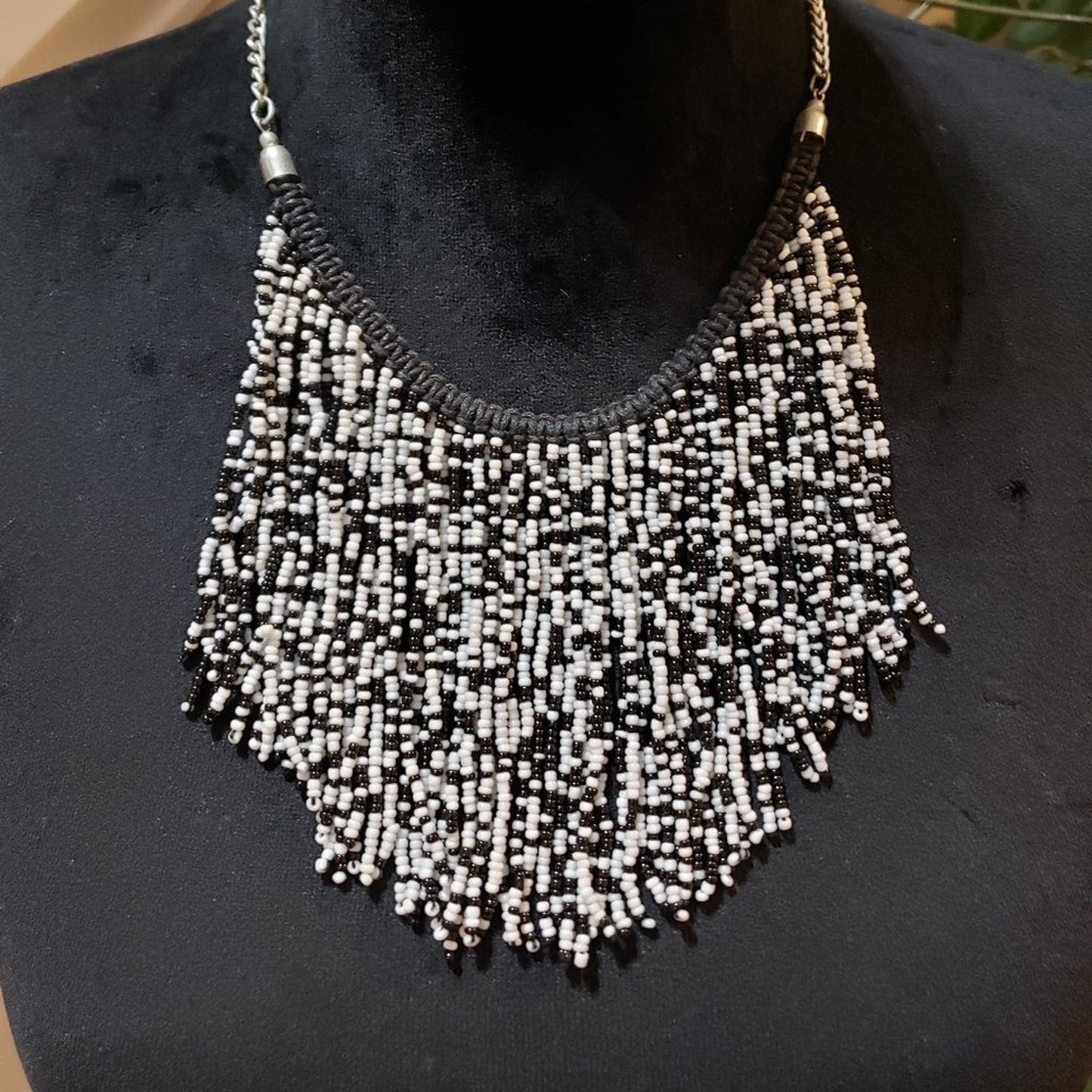 Womens Black White Glass Beaded Woven Fringe Collar Necklace with Lobster Clasp