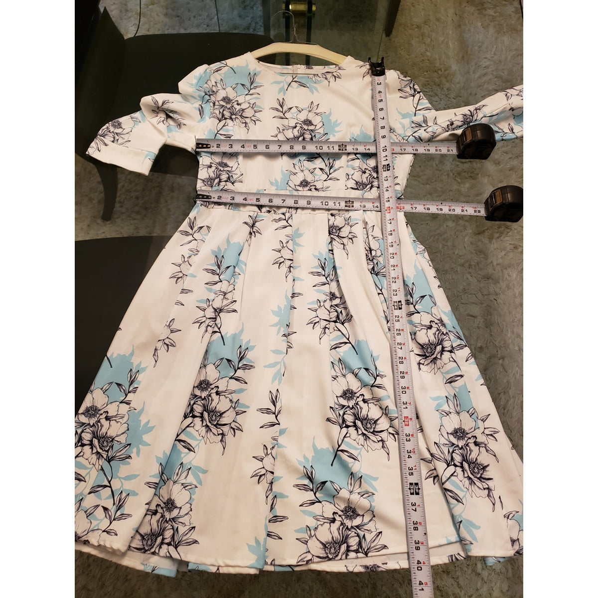 Womens A-Line Dress XL White Floral Empire Waist 3/4 Sleeve Pockets Back Zip