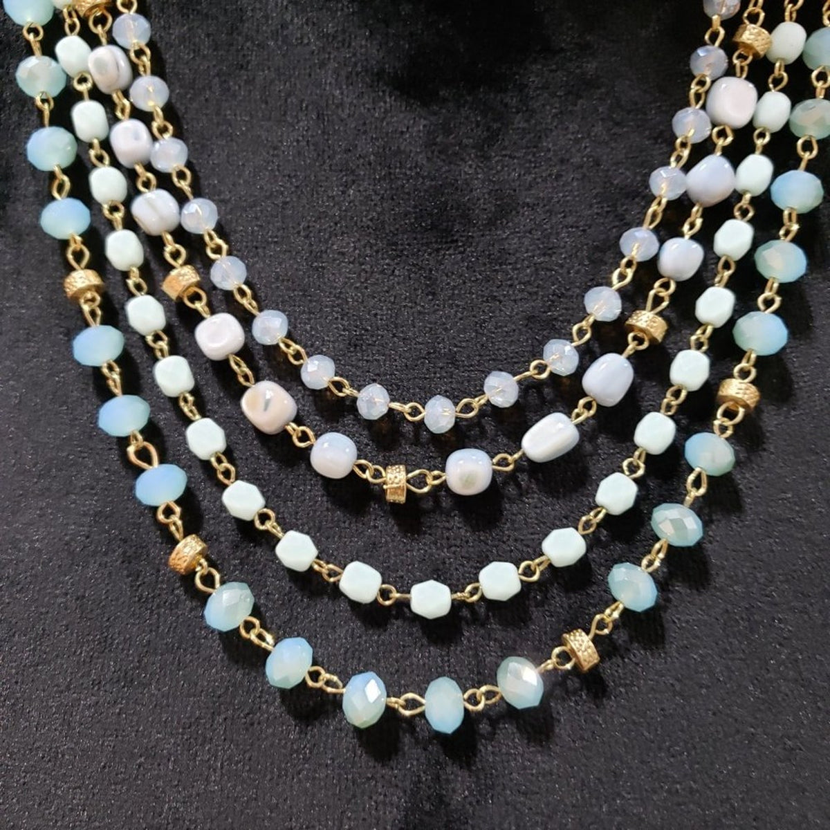 Womens Turquoise Beads Metallic Gold Cord Necklace with Earrings