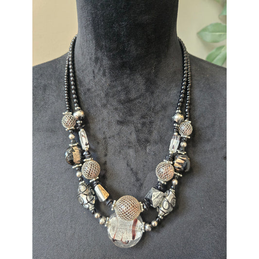 Women's Black Beaded Statement Necklace With Silver Mesh Beads Lobster Clasp