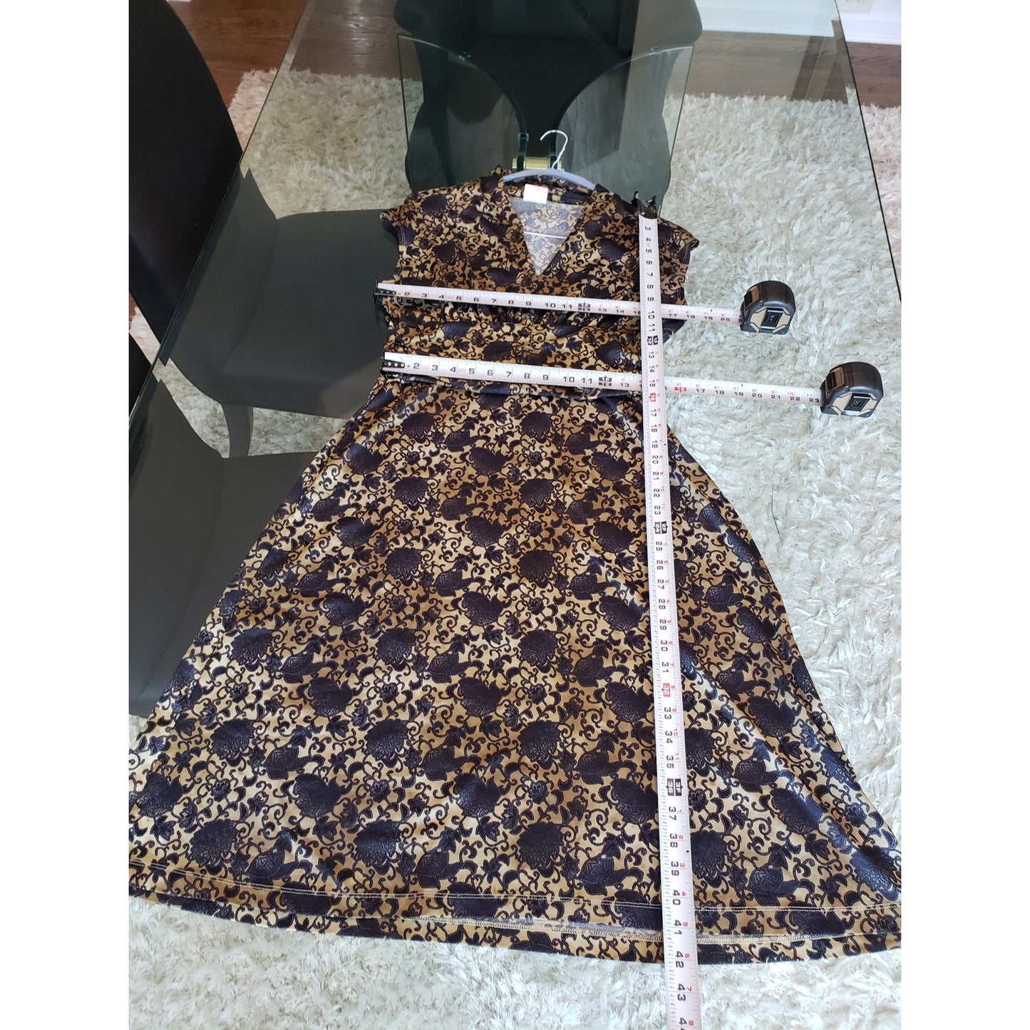 Newport News A-Line Dress Womens Small Gold Blue Floral Empire Waist V Neck