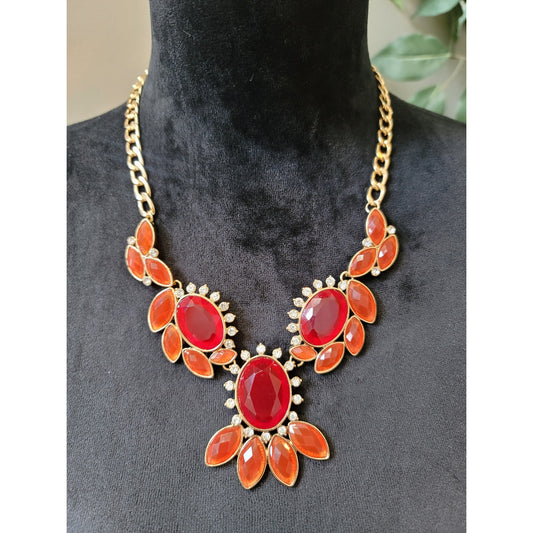 Women's Statement Necklace And Earrings Set Red And Orange Gemstones Jewelry