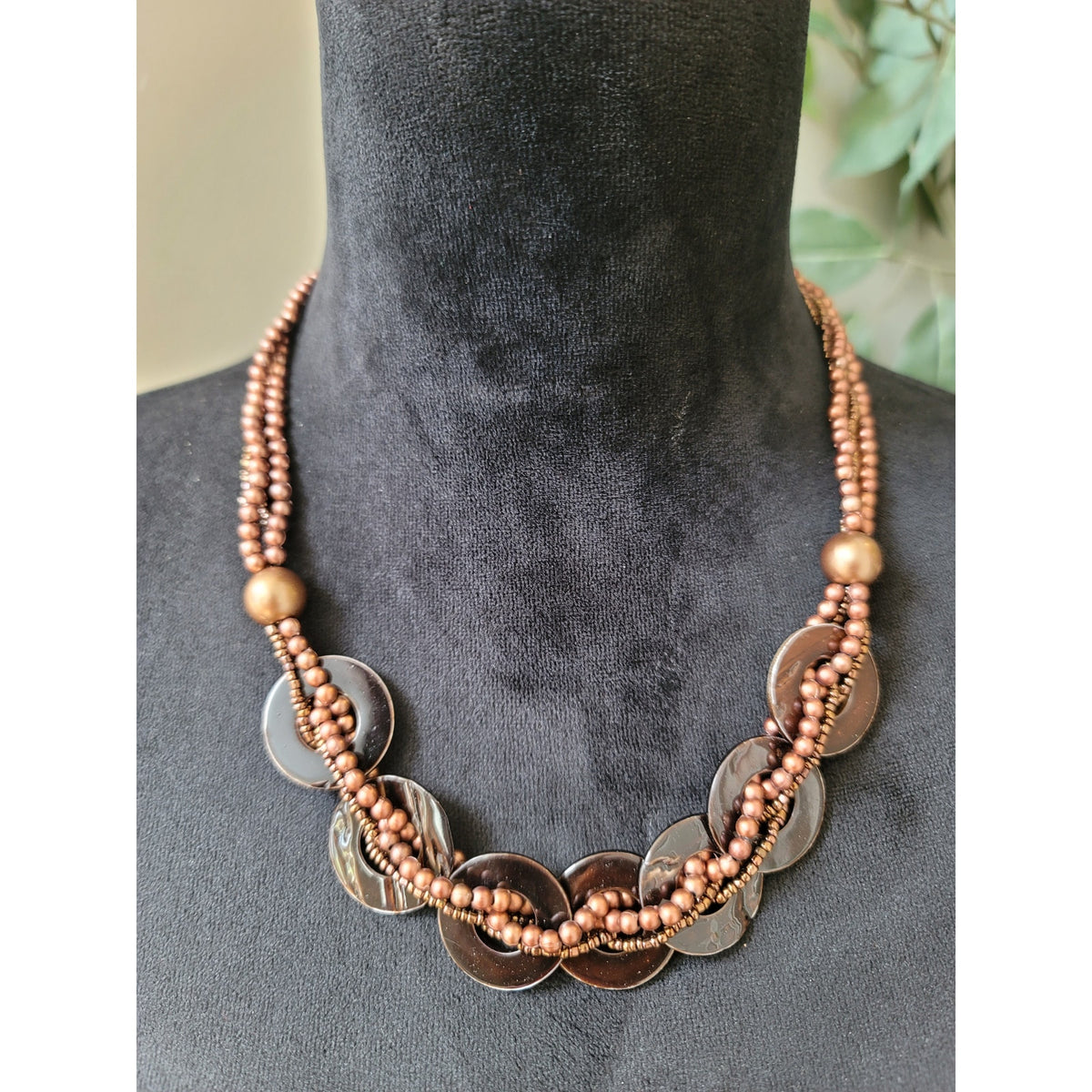 Women's Brown Beaded Statement Necklace With Lobster Clasp And Shell Discs