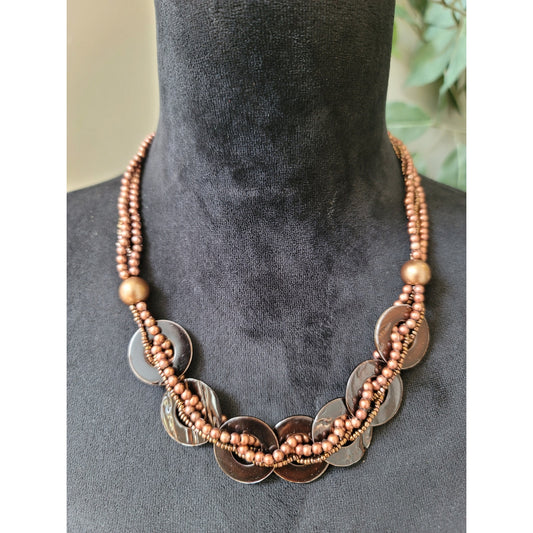 Women's Brown Beaded Statement Necklace With Lobster Clasp And Shell Discs