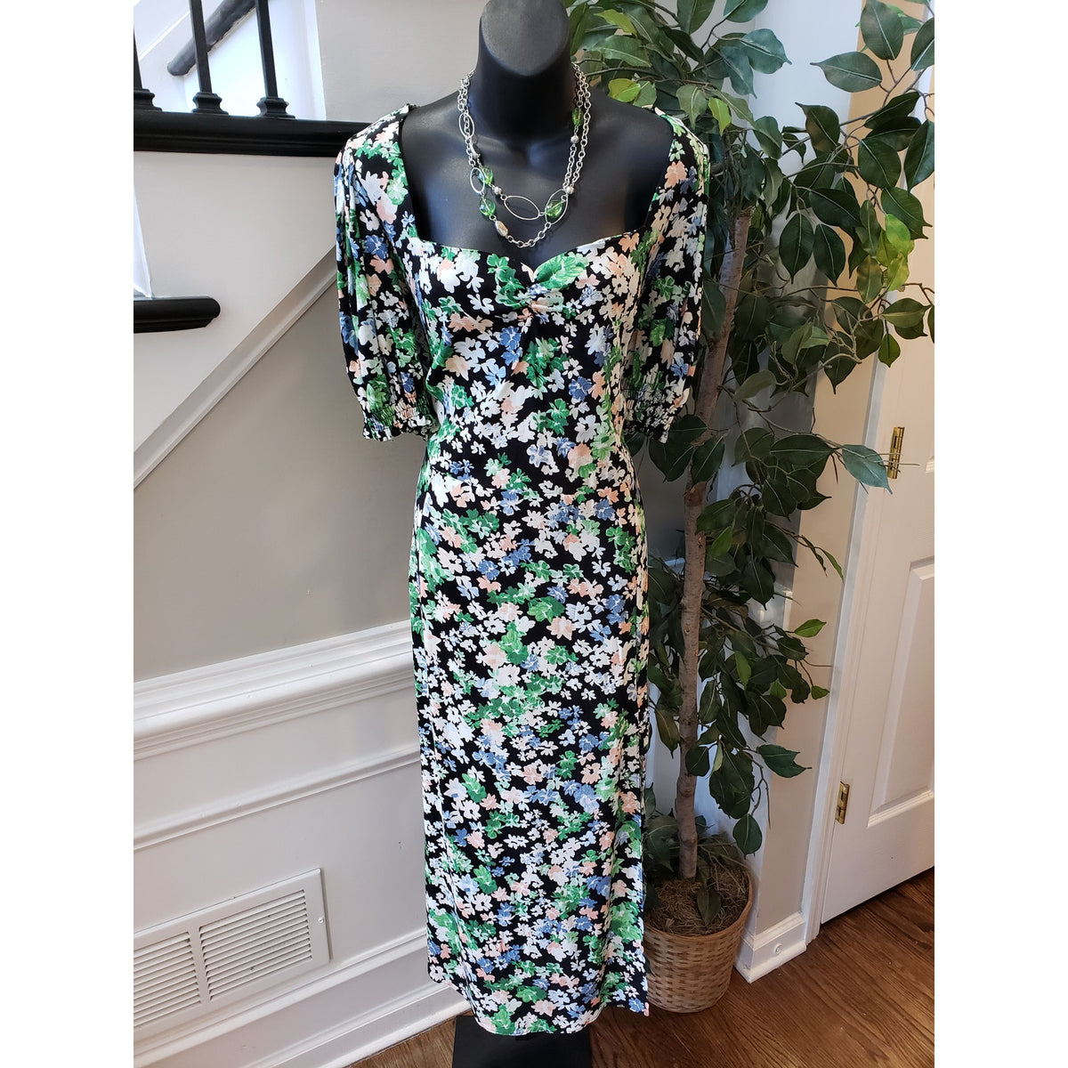H&M Long Maxi Dress Womens XL Multi Floral Puff Sleeve Sweetheart Neck Back Zip