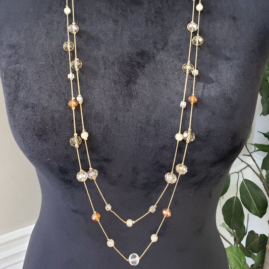 Womens Fashion 2 Strand Gold Crystal Faceted Beads Faux Pearl Station Necklace