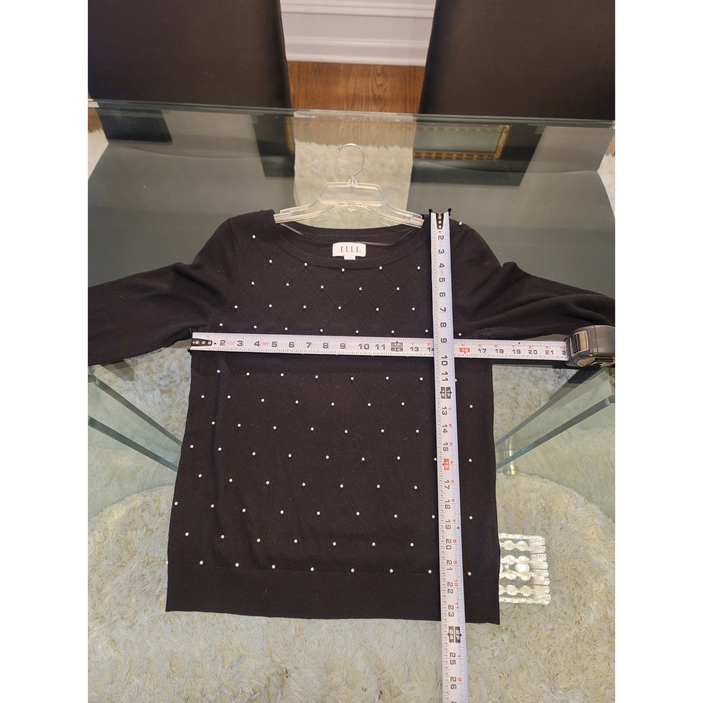 ELLE Sweater Women's Medium Black Pearl Embellished 34 Sleeve Pullover Knit