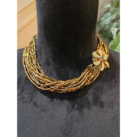 Women's Gold Tone Multi Strand Beaded Necklace Floral Rhinestone Magnet Accent