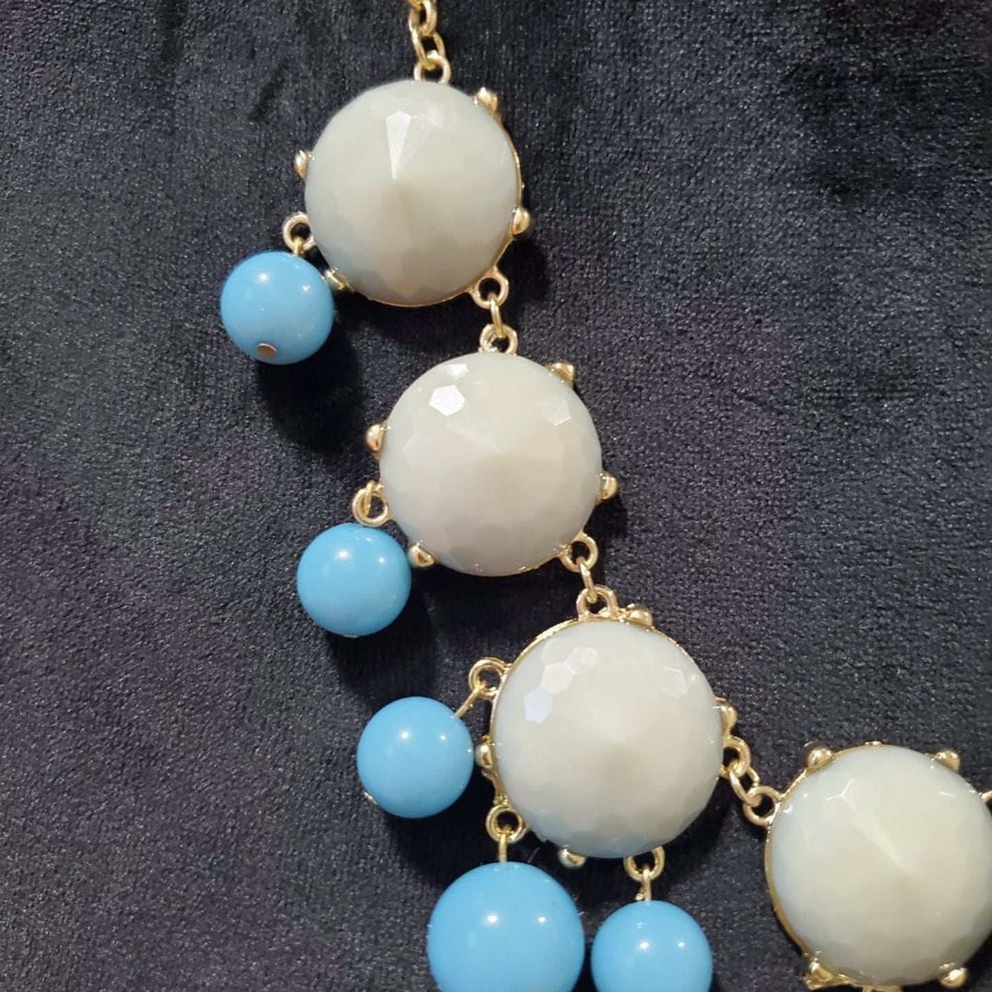 Womens White Blue Bubble Beaded Gold Tone Statement Necklace with Lobster Clasp