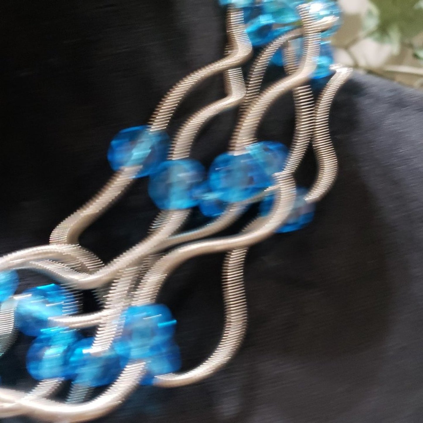Women Fashion Multistrand Silver Wire Blue Rhinestones Beaded Collar Necklace