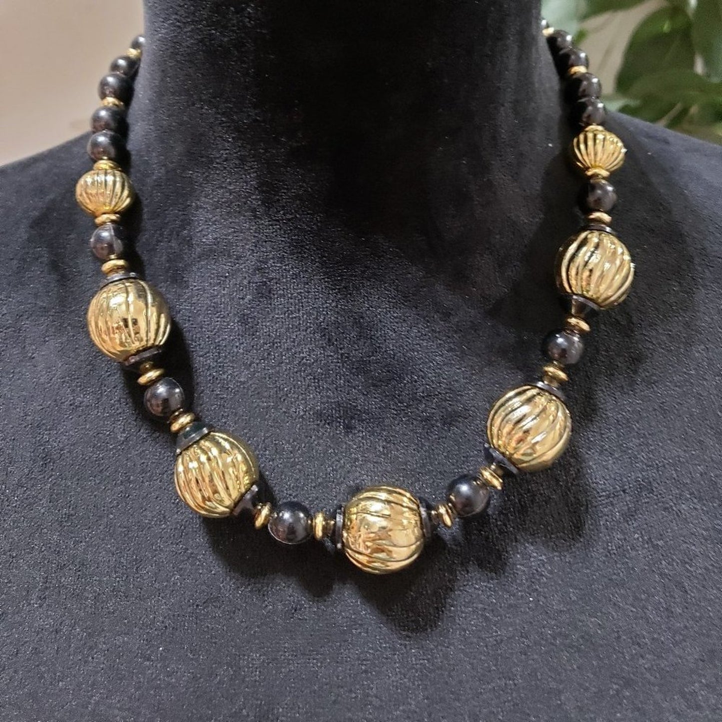 Womens Black Rhinestones Beaded Gold Tone Charm Choker Necklace w/ Round Clasp