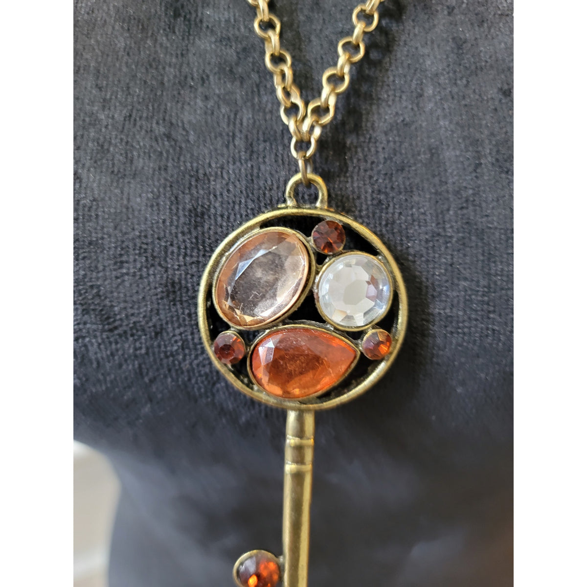 Chico's Women's Key Pendant Necklace With Colorful Gemstones Lobster Clasp Chain