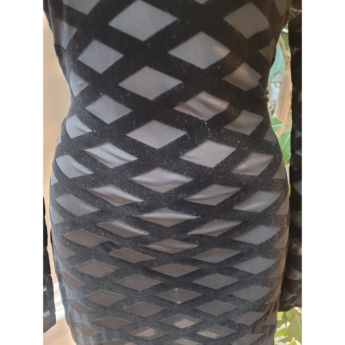 Bodycon Dress Womens Small Black Sheer Geometric Long Sleeve Cocktail Party