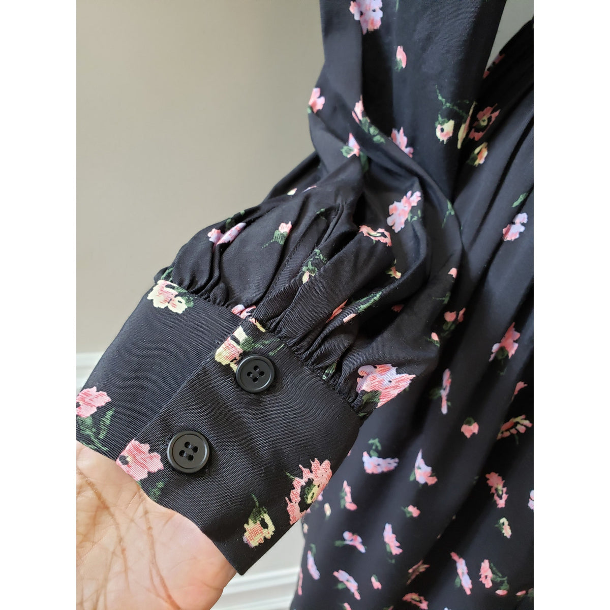 Jill Stuart Shirt Dress Women XS Black Floral Ruffle Pleated Collar Button Front