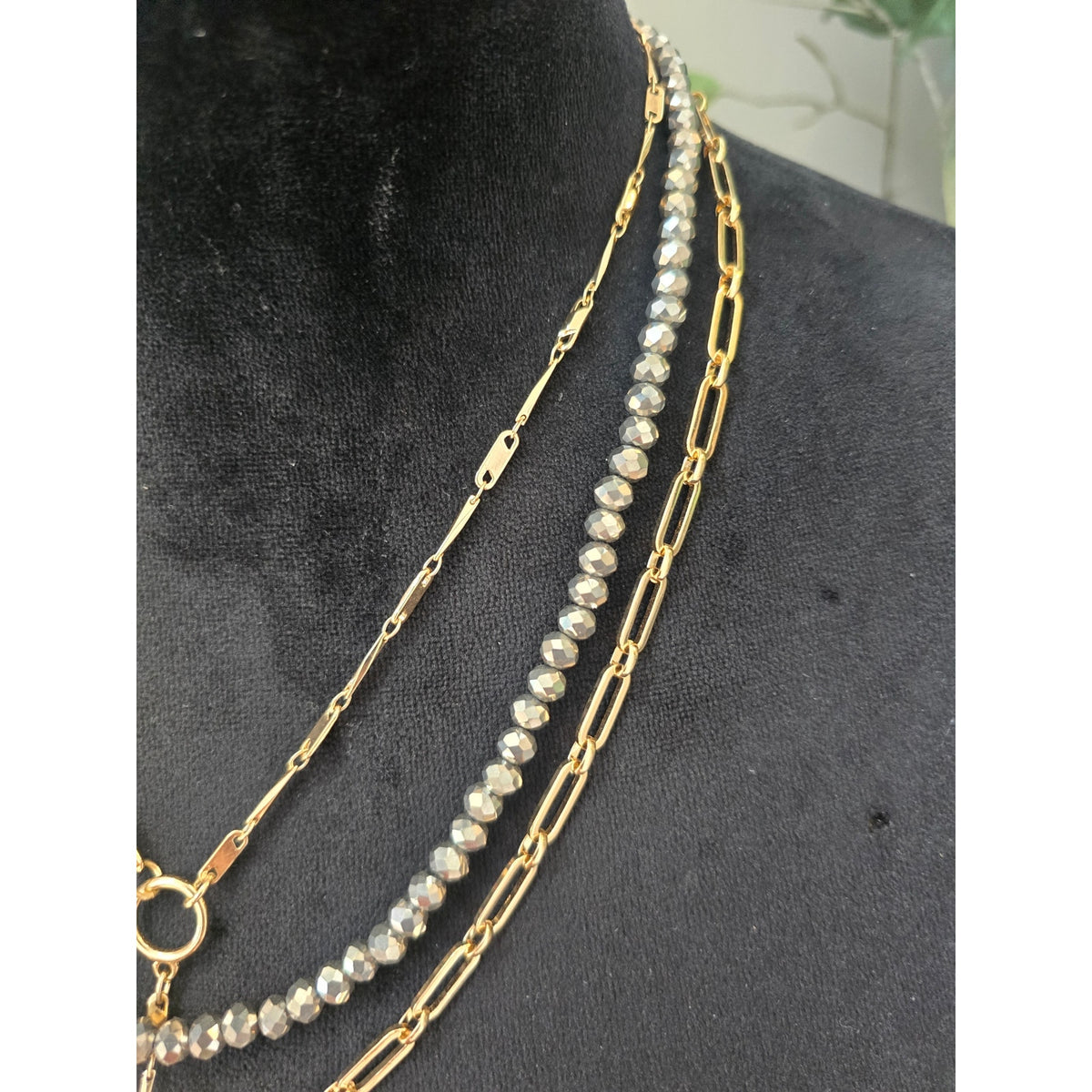 Gold Tone Faux Pearl Multi Strand Layered Pendant Statement Necklace