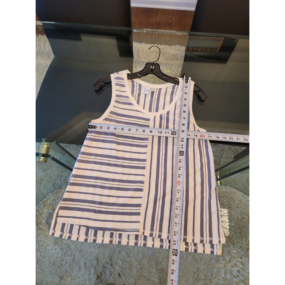 Susina Tank Top Women's Medium Petite Cream/Blue Striped Sleeveless Scoop Neck
