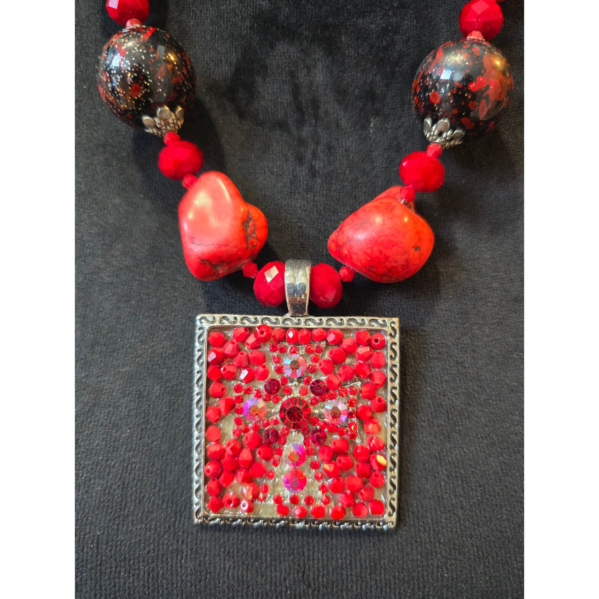 Women's Silver Tone Red Coral Gem Focal Beads Textured Square Pendant Necklace