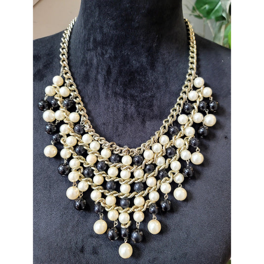 Lucia Black & Ivory Pearl Cluster Bib Statement Necklace Gold Tone Chain Chunky