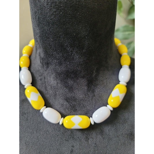 Women's Yellow and White Statement Necklace and Earrings Set with Zigzag Design