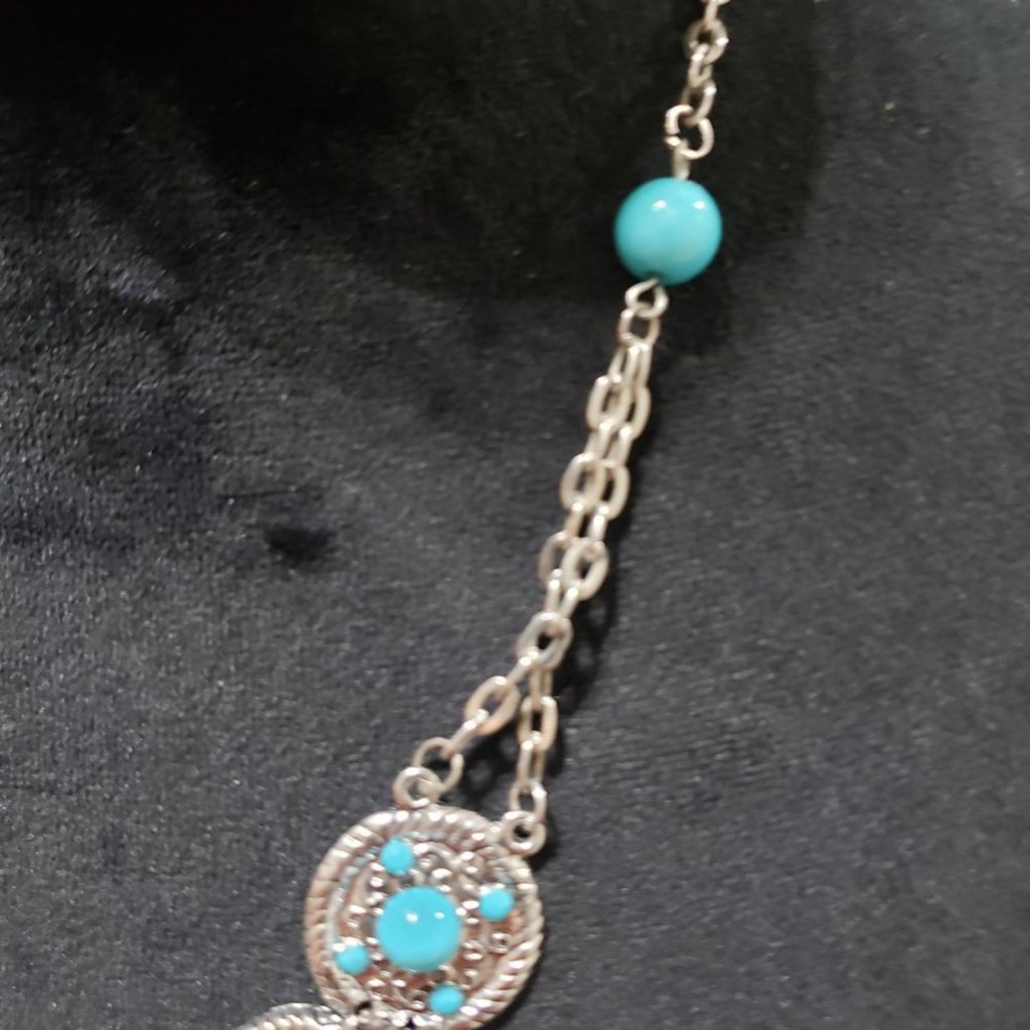 Womens Boho Style Faux Turquoise Stone Marcasite Medallions Statement Necklace