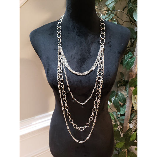You & i Womens Silver Tone Multi Chains Black Ball Beaded Statement Necklace