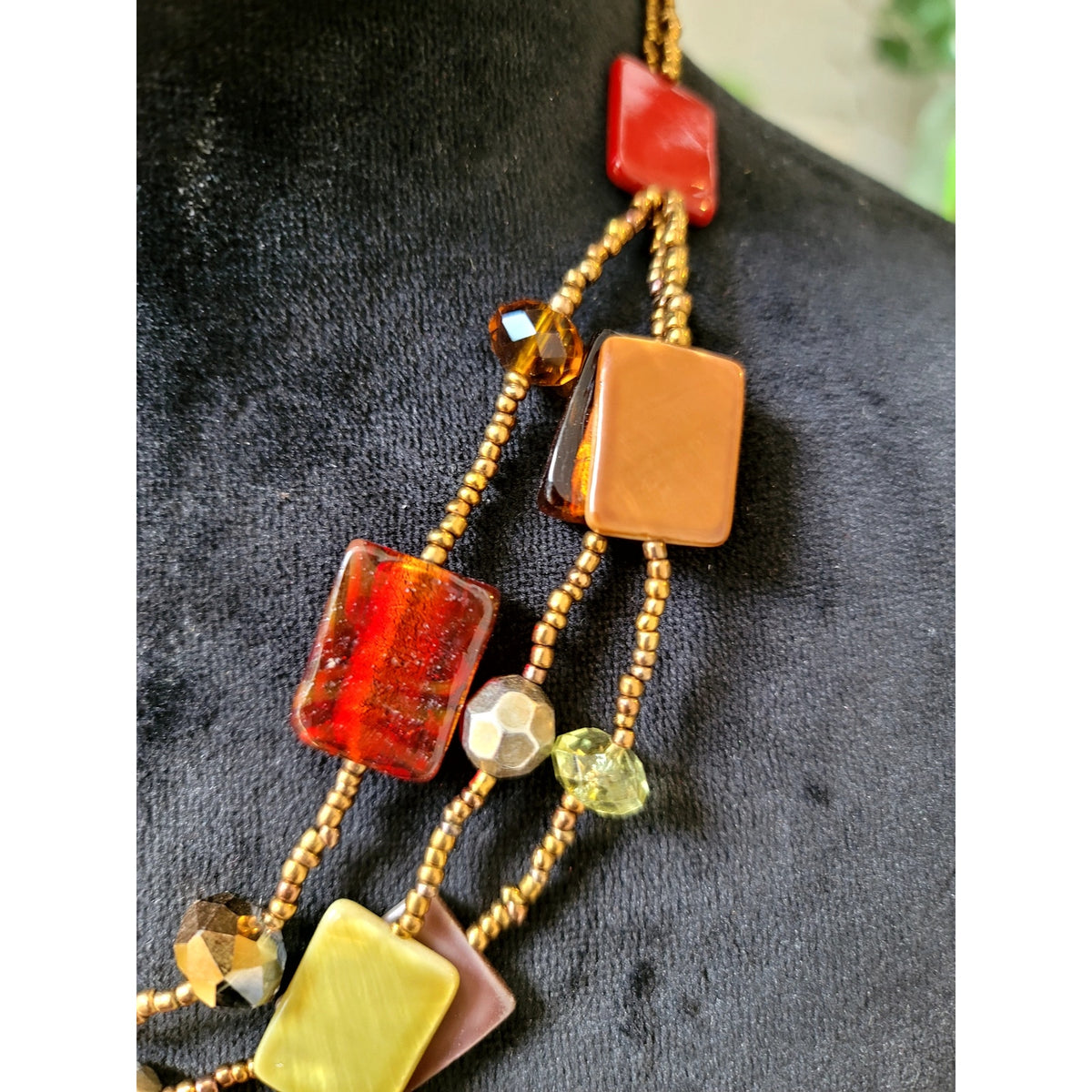 Multicolor Square Beaded Multi-Strand Necklace Chunky Boho Statement Jewelry