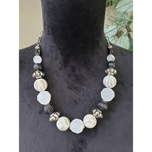 Womens Gray Silver & Black Chunky Beads Moonlight Stone Necklace with Lobster
