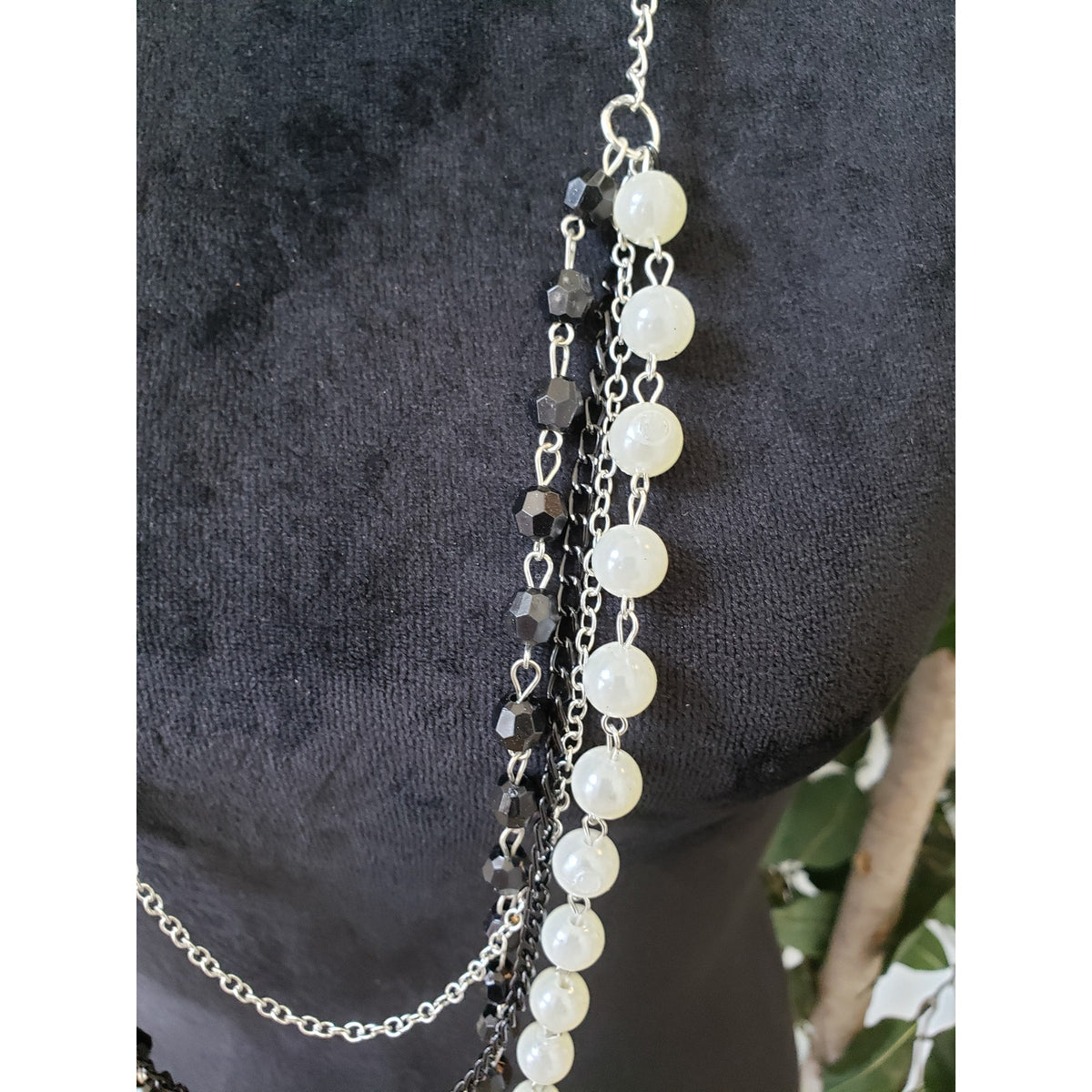 Women Two Tone Faux Pearls Faceted Round Beads Multi Strand Chains Long Necklace