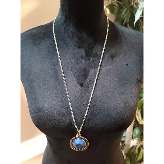 Women's Gold Tone Necklace Blue Faceted Pendant Lobster Clasp Fashion Jewelry