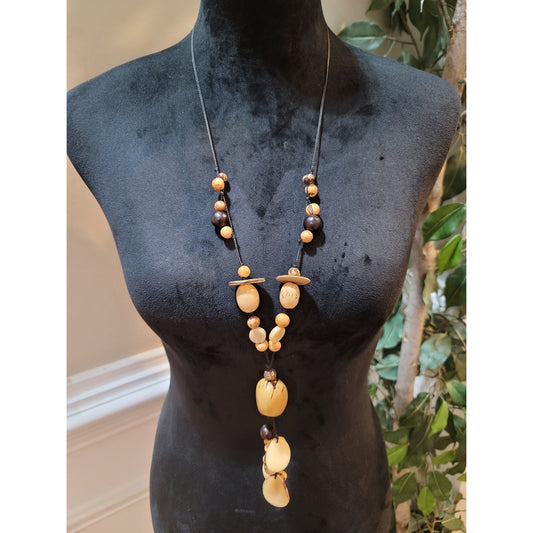 Women's Long Tribal Style Beaded Necklace With Natural Wood And Seed Beads