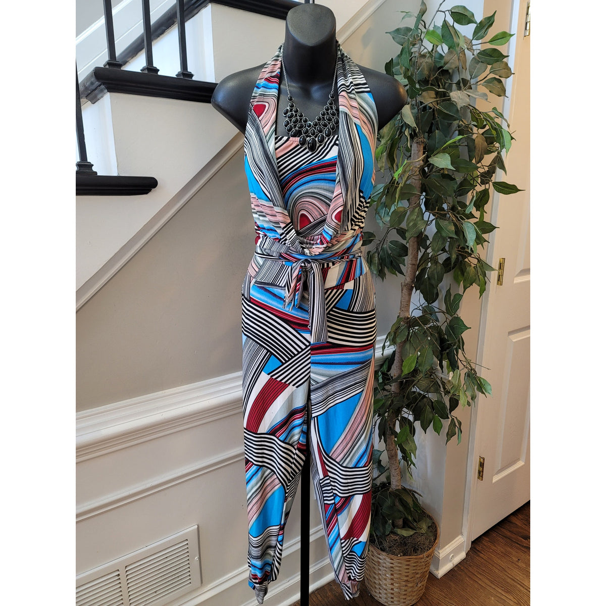 Halter Jumpsuit Women's Size L/XL Multicolor Stripe Summer Silk Romper Outfit