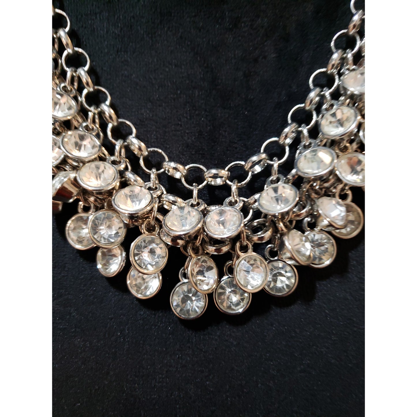 Women Fashion Silver Tone Crystals Cluster Bib Necklace Jewelry w/ Lobster Clasp