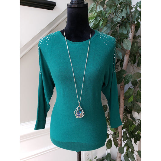 Loft Sweater Womens Small Petite Green Beaded Cold Shoulder Ribbed Cuff & Hem