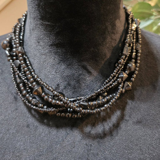 Womens Fashion Black Onyx/Hematite Multi Strand Necklace with Lobster Clasp