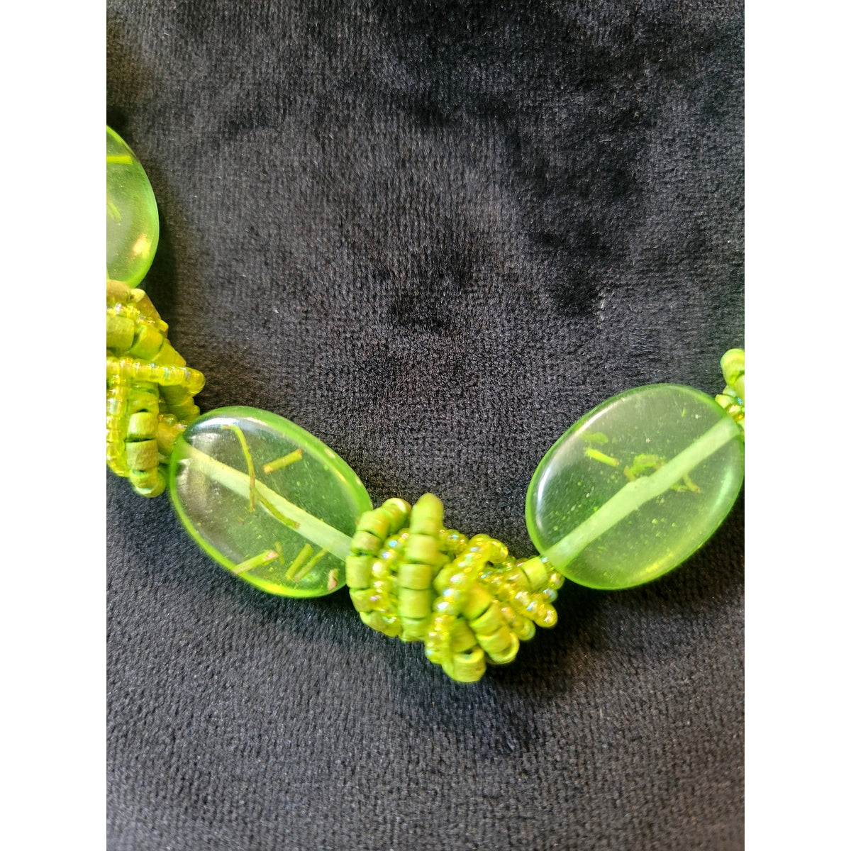 Lime Green Acrylic Oval Bead Statement Necklace Knotted Cord Chunky Boho