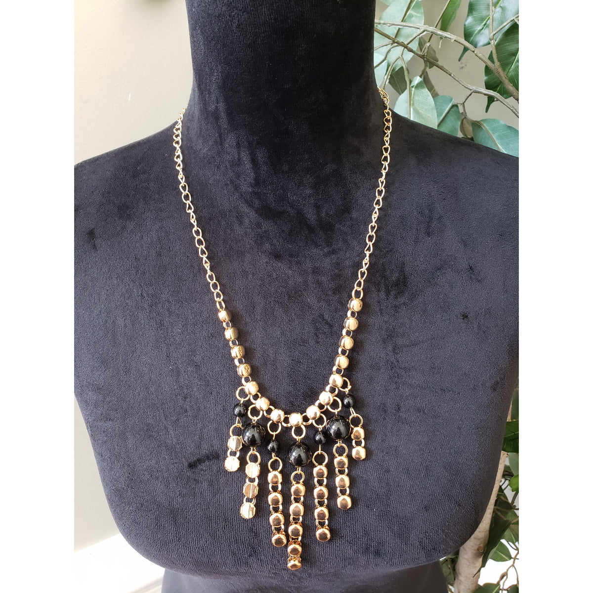 Women Gold Tone Black Beads Waterfall Gothic Style Statement Necklace w/ Lobster