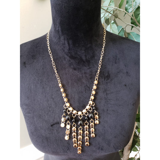 Women Gold Tone Black Beads Waterfall Gothic Style Statement Necklace w/ Lobster