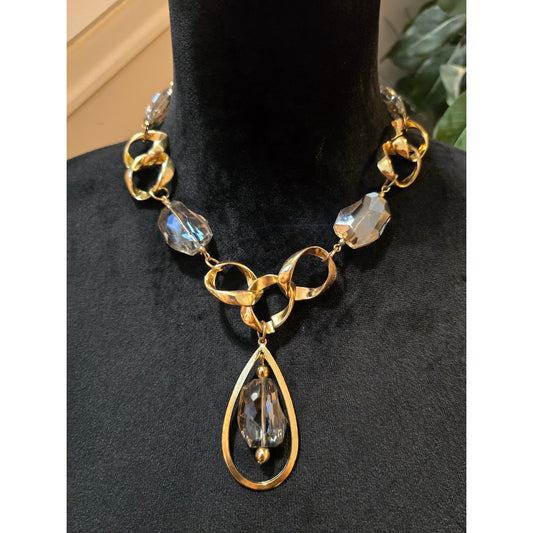 Women's Gold Tone Chain Necklace Large Crystal Pendant Modern Statement Jewelry