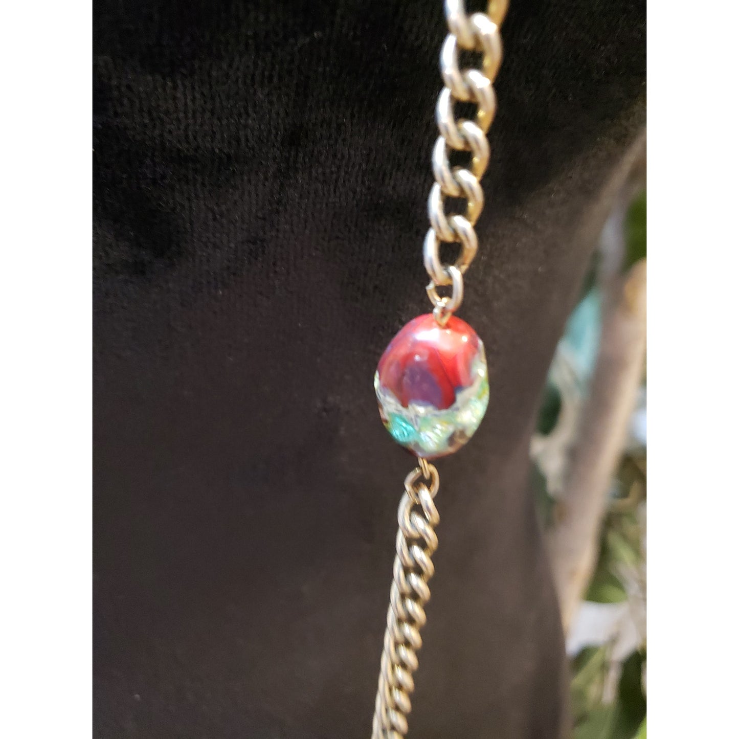 Womens Fashion Gold Tone Agate Stones Station Curb Chain Long Necklace Jewelry