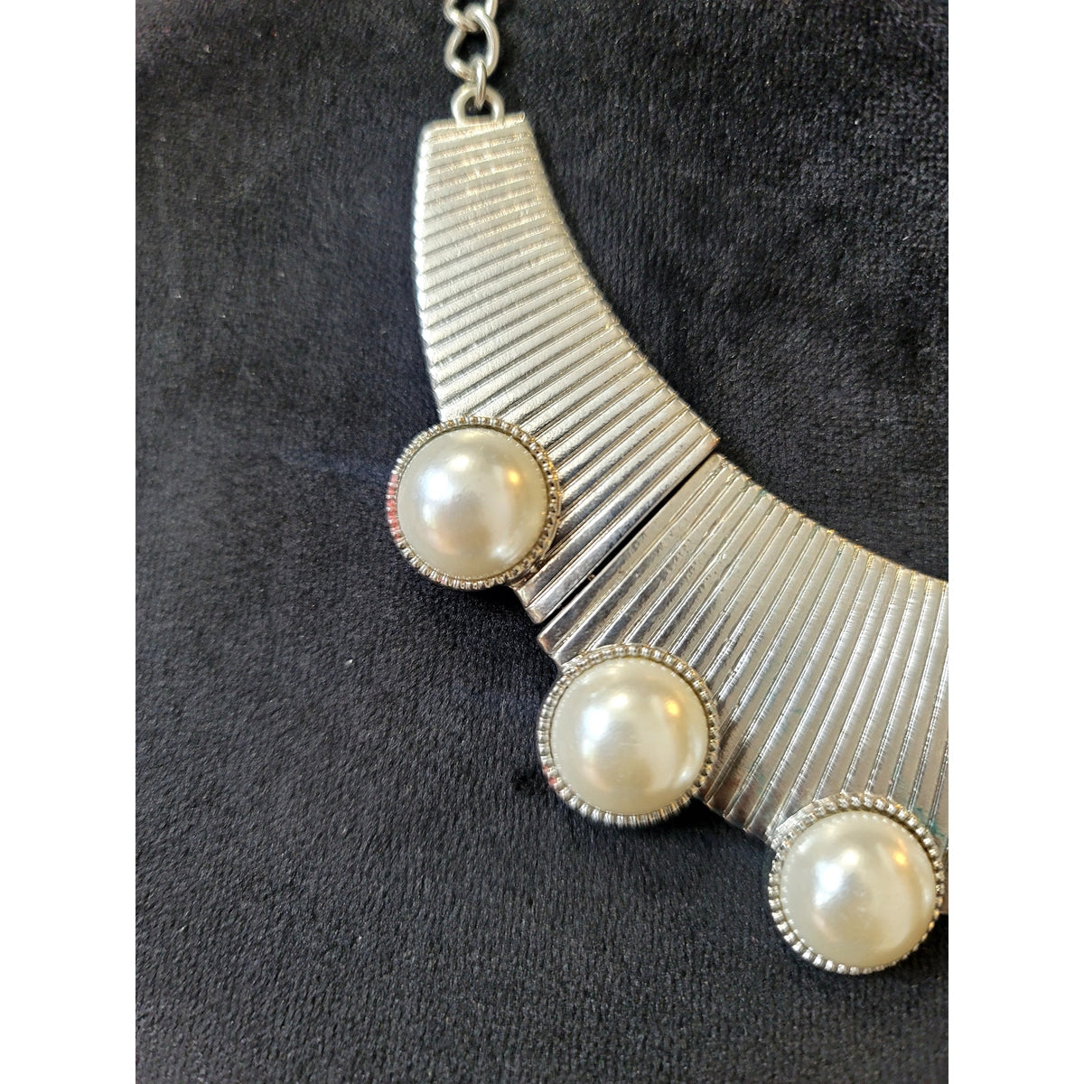 Silver Tone Pearl Cabochon Bib Statement Necklace Modern