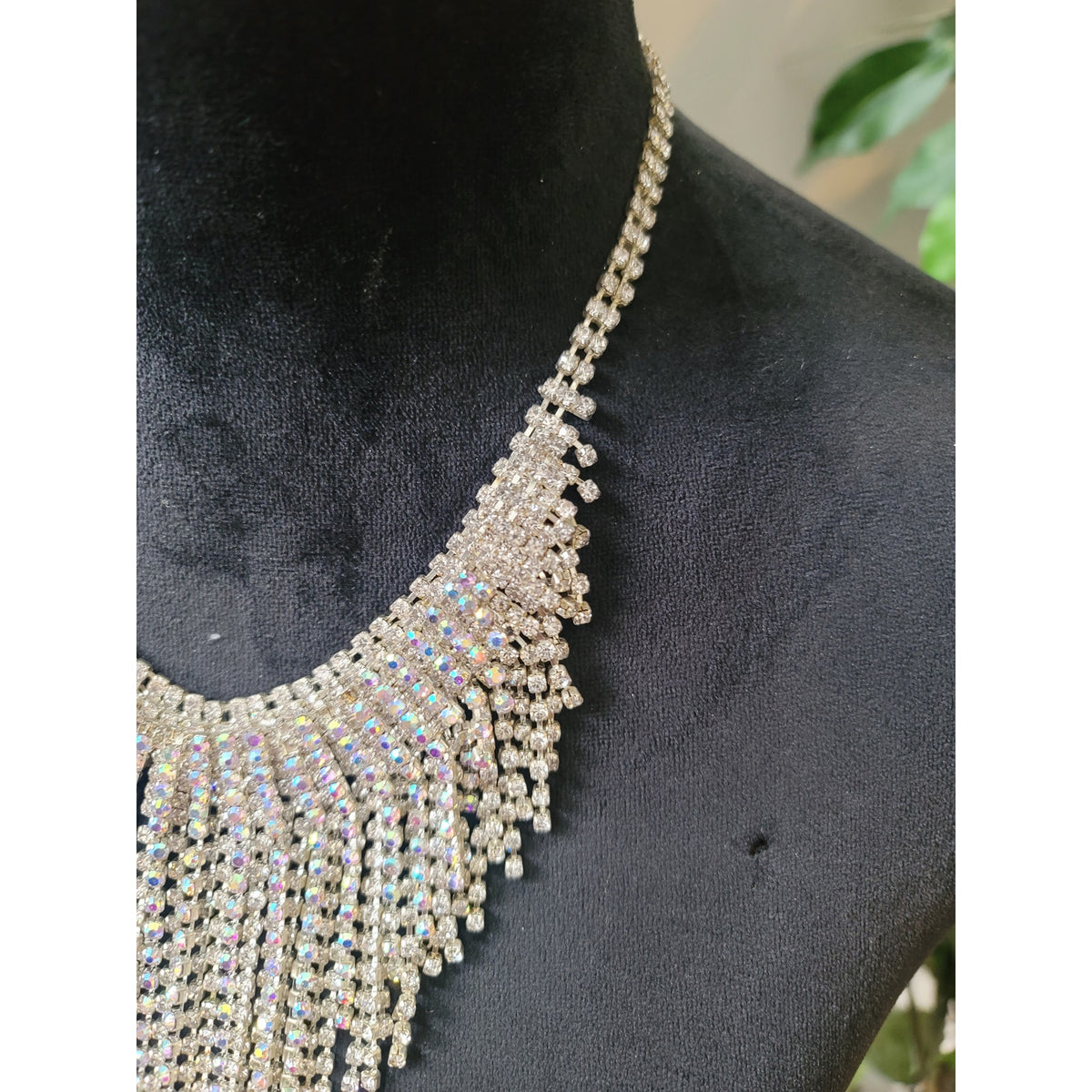 Women's Silver Tone AB Rhinestone Fringe Bib Statement Necklace Jewelry