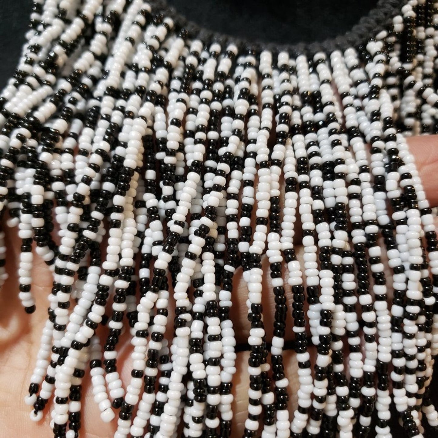 Womens Black White Glass Beaded Woven Fringe Collar Necklace with Lobster Clasp