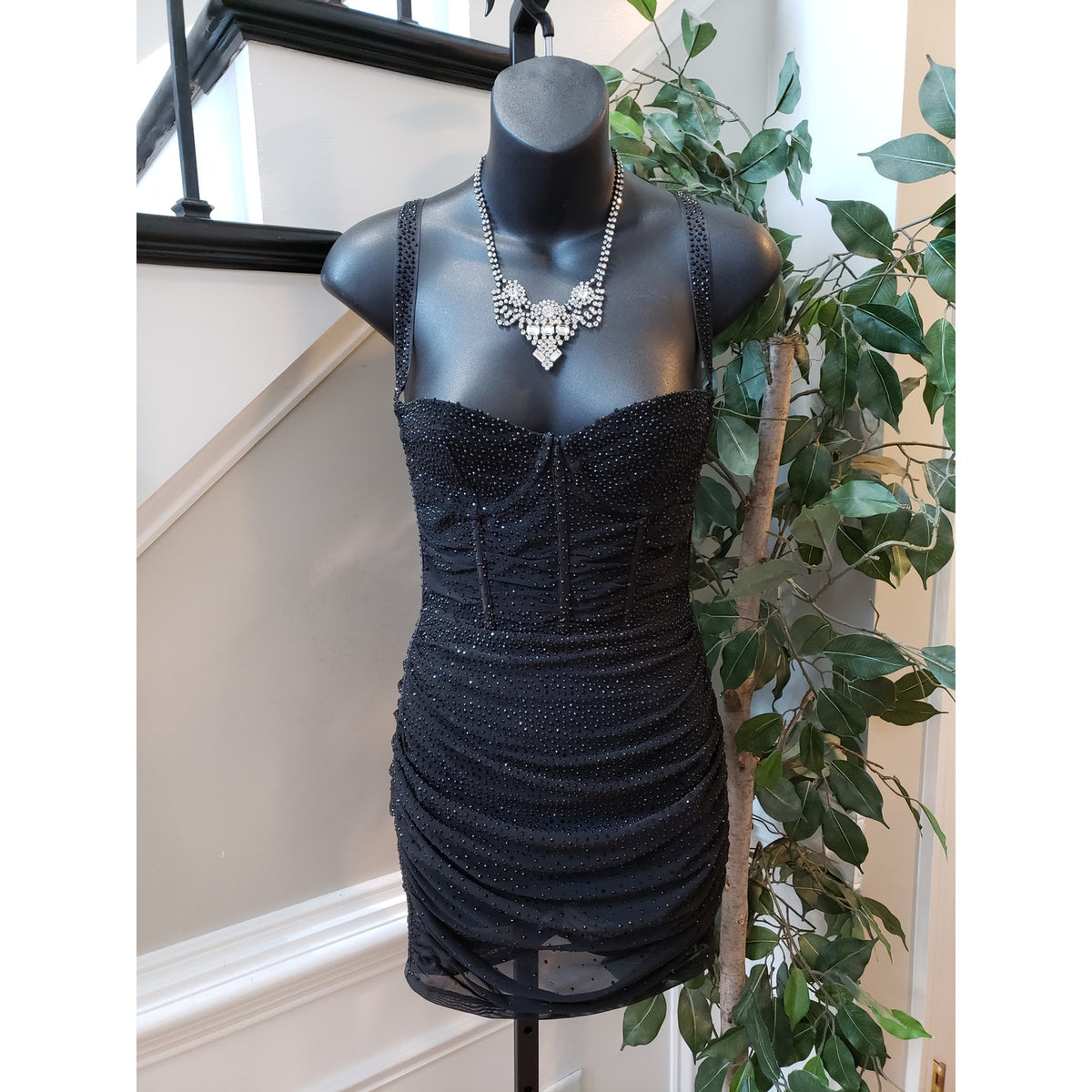 Oh Polly Mini Bodycon Dress Women's Size 4 Black Sheer Embellished Scoop Neck