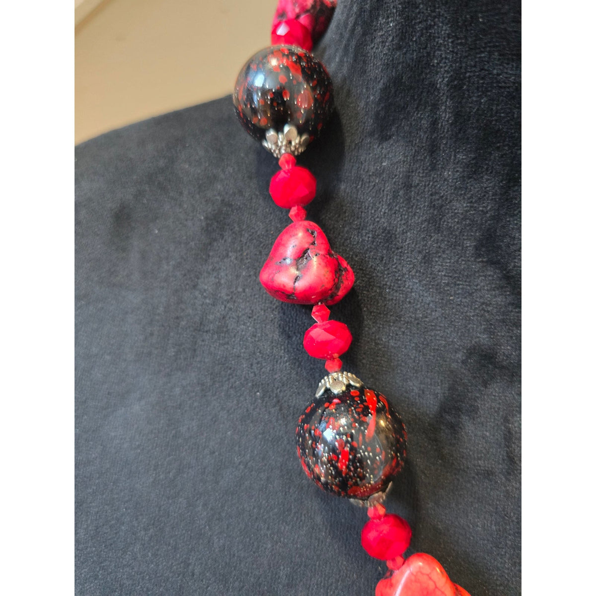 Women's Silver Tone Red Coral Gem Focal Beads Textured Square Pendant Necklace