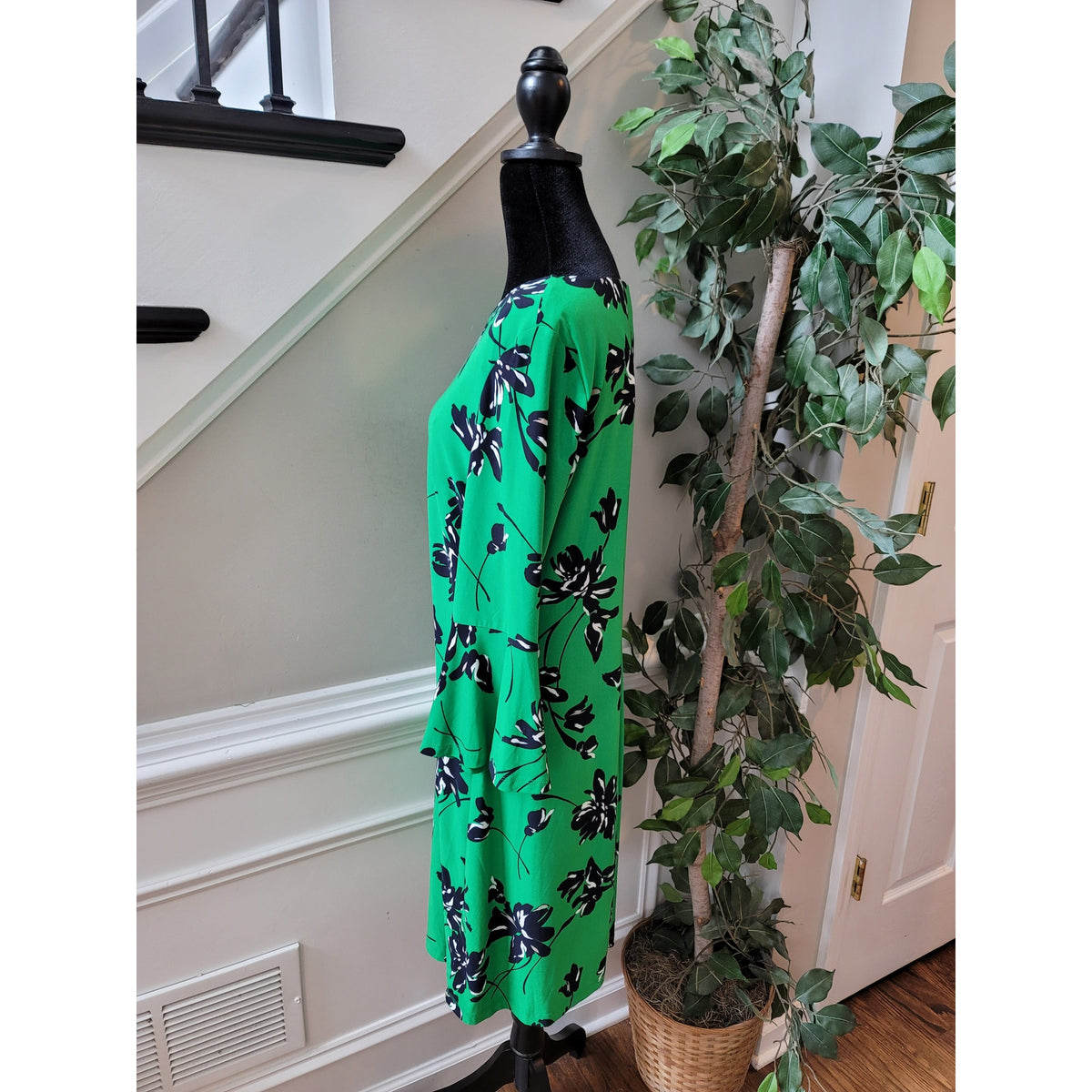 Tommy Hilfiger Dress Womens Small Green Floral Print 3/4 Sleeve Casual Chic