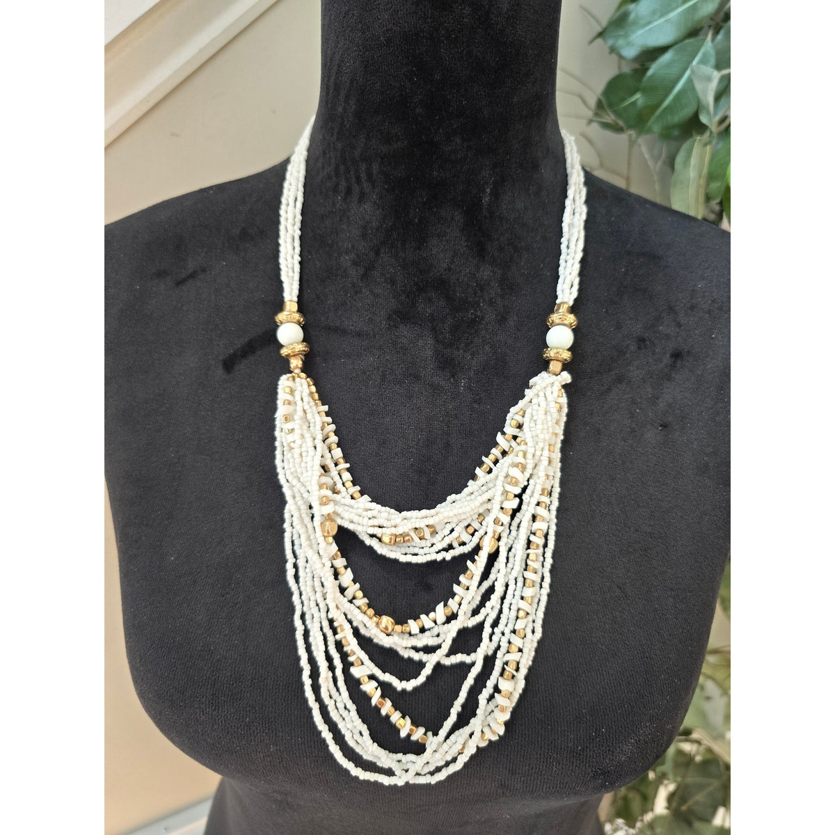 White Multi Strand Seed Bead Layered Statement Necklace Boho Jewelry