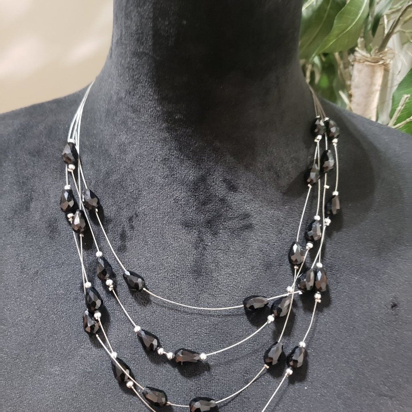 Fashion Three Layer Handmade Charm Necklace Black Rhinestones Beaded With Lobste